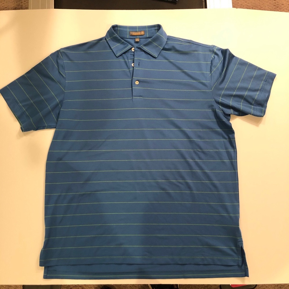 Peter Millar Summer Comfort Polo Shirt. Large. Blue with green stripes. EUC